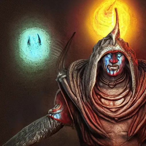 Image similar to Bright, colorful, realistic dark gritty individual elder scrolls morrowind Dagoth Ur, known as Voryn Dagoth in life, and whom Vivec would later come to call The Sharmat, was a powerful Chimer lord and Lord High Councillor to House Dagoth full body backlighting, kodachrome, high contrast, highly detailed, sharp focus, digital painting, concept art, illustration, trending on artstation, comic book by Alex Ross cover art