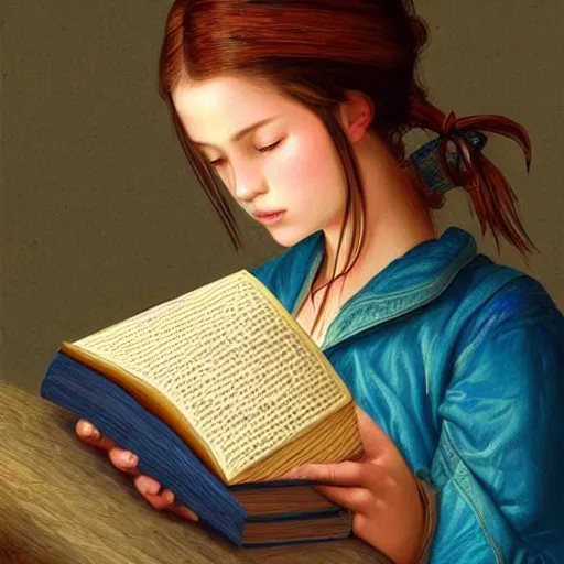 Image similar to village girl reading a book, highly detailed, digital painting, artstation, concept art, art by artgerm and Johfra Bosschart