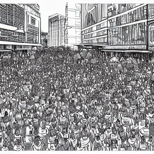 Image similar to landscape of people running away scared from crypto logos standing in the city, digital drawing, hyper - detailed, hdr, 8 k