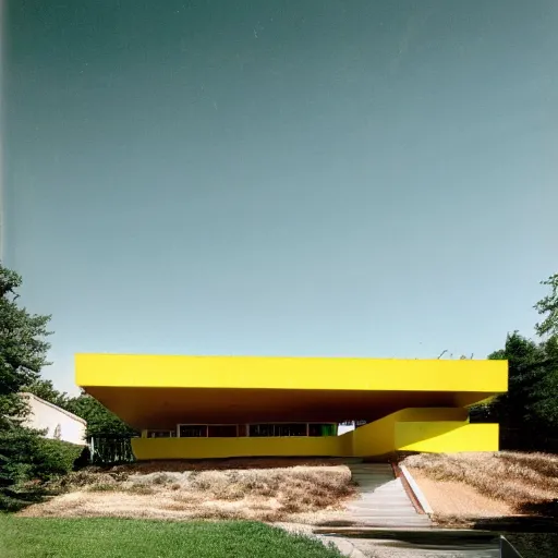 Prompt: architecture ad for a big mid-century modern house in the middle of the wood designed by Santiago Calatrava. Film grain, cinematic, colorized, yellow hue.
