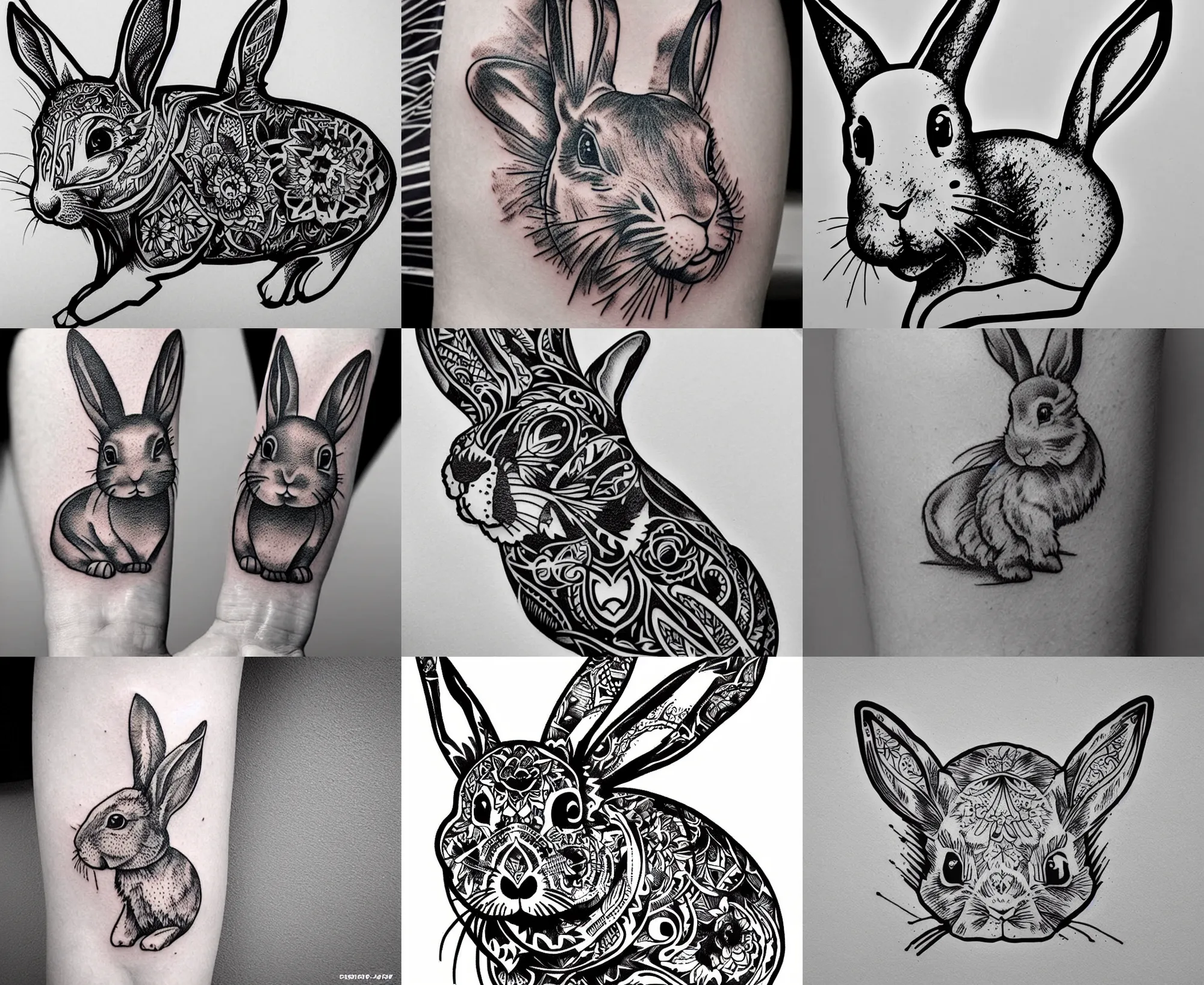 Prompt: well - detailed tattoo stencil of a bunny, bold strong lines very highly aesthetic
