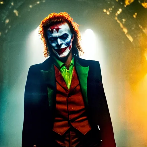 Image similar to awe inspiring David Bowie pkaying The Joker 8k hdr movie still dynamic lighting