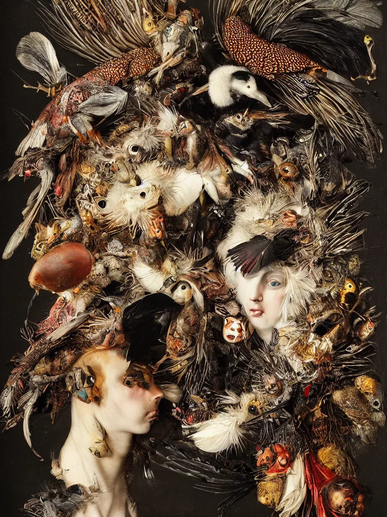 Image similar to Detailed maximalist portrait with cracked porcelain skin, dark doe eyes, a small rosebuf mouth, feather and milk, beetles and cicadas, fox fur and weasels, humminbirds and crows, HD mixed media, 3D collage, highly detailed and intricate, surreal illustration in the style of Caravaggio, dark art, baroque