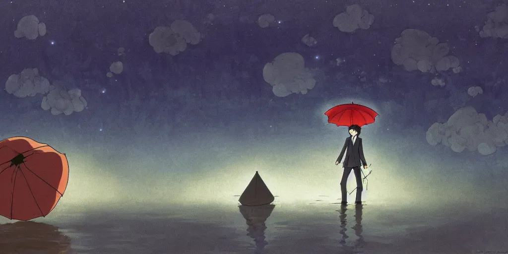 Prompt: a realistic cell - shaded studio ghibli concept art from paprika ( 2 0 0 6 ) of a man with an umbrella standing on a floating cube from close encounters of the third kind ( 1 9 7 7 ) on a misty starry night. very dull colors, hd, 4 k, hq