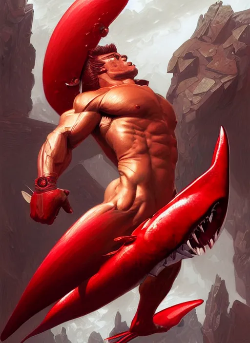 Image similar to portrait of a super muscular red humanoid shark breaking a wall, d & d, muscular! fantasy, intricate, elegant, highly detailed, digital painting, artstation, concept art, smooth, sharp focus, illustration, art by artgerm and greg rutkowski and alphonse mucha