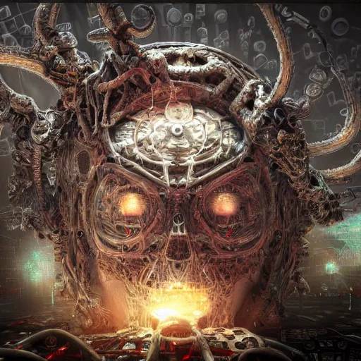 Image similar to cybernetic demon dreaming the destruction of reality with its highly networked mind, lsd, circuitry, intricate detail, royo, whealan, giger, klimt, hd, octane render, unreal engine,