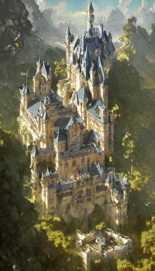 Image similar to castle seen from the sky, cyberpunk, design on white background, beautiful details, lush foliage, drawn by john singer sargent, tom bagshaw, norman rockwell, alphonso mucha, lolish, trending on artstation