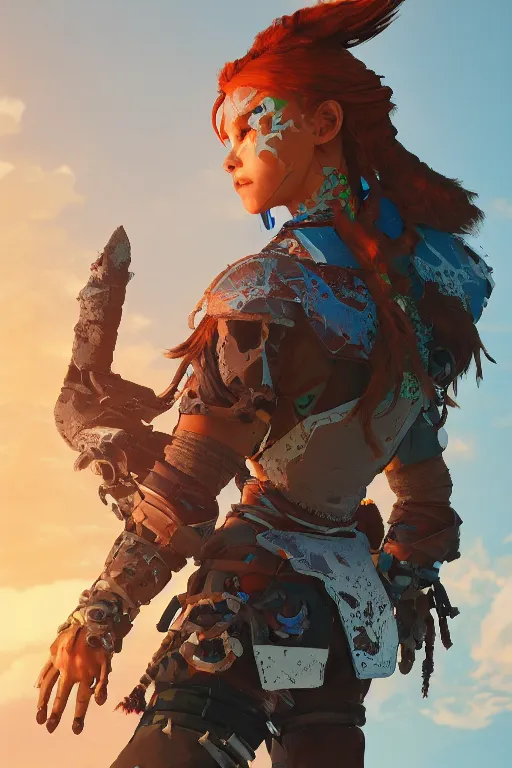 Image similar to combination suit armor aloy horizon forbidden west horizon zero dawn robot ninja mask helmet backpack tribal, aesthetic octane render, 8 k hd resolution, by ilya kuvshinov and cushart krentz and gilleard james radiating a glowing aura cgi rtx 2 0 2 2