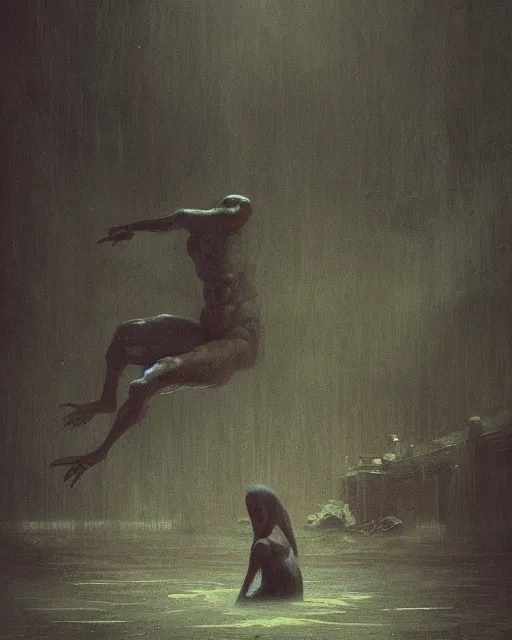 Image similar to dark fleshy figure seated next to another dark angry figure laughing in alone inside an empty dark flooded ballroom overgrown with aquatic plants in the style of Greg Rutkowski and Francis Bacon, Beksinski painting, masterpiece, artstation