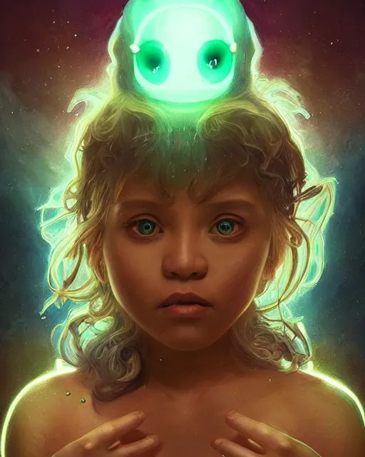 Prompt: one signular portrait of a cute bioluminescent baby creature with big glowing eyes, highly detailed, digital painting, cinematic, hyper realism, dark retrowave, art by Stanley Lau and Artgerm and magali villeneuve and Alphonse Mucha, artstation, octane render, cgsociety