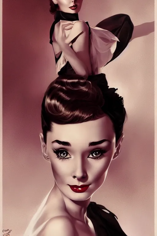 Image similar to audrey hepburn pinup by charlie bowater and anna dittmann and gil elvgren.