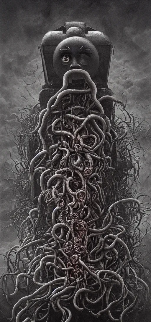 Image similar to thomas the tank engine in style of zdzisław beksinski, extremely dramatic lighting, 8 k, tendrils, black, darkness, black slime tendrils, infected, rust, body horror, thomas the train, thomas the tank engine face, horror,