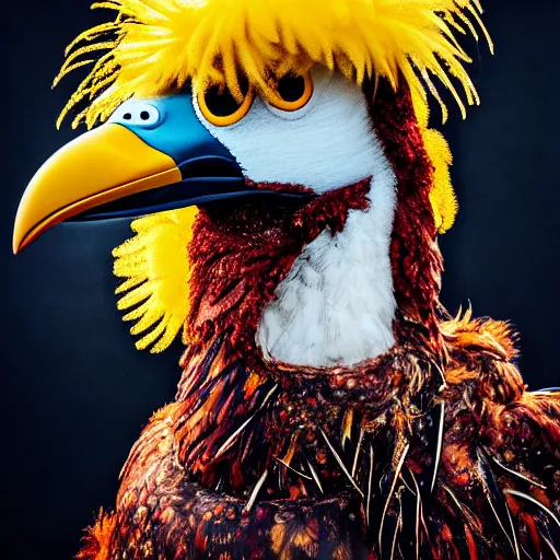 Prompt: portrait of big bird flying majestically into a jet engine, correct face, bloody jet engine, guts and feathers everywhere, uhd hyperdetailed photo by annie leibowitz 5 0 mm lens