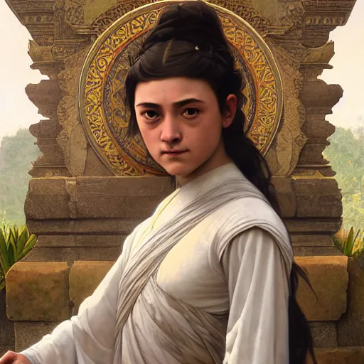 Prompt: Portrait of arya stark in ancient bali, elegant, digital painting, highly detailed, fantasy, artstation, concept art, smooth, sharp focus, illustration, art by William-Adolphe Bouguereau and artgerm and greg rutkowski and alphonse mucha