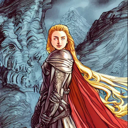 Prompt: precisely drawn illustration of Eowyn blended with Sansa Stark, wide angle, sharp, fine details, French comic style, vibrant realistic colors, full color, heroic fantasy, intense line art, 8k, precise linework, realistic, in the style of Heavy Metal Comics and Richard Corben and Moebius