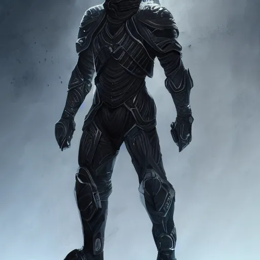 Prompt: a man in futuristic black armor without a helmet ,D&D, fantasy, elegant, hopeful, muscular, highly detailed, digital painting, artstation, concept art, smooth, sharp focus, illustration