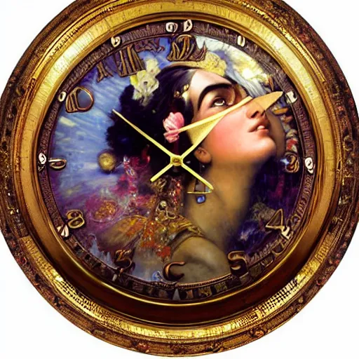 Image similar to detailed potrait of hindu traditional woman with high - tech steam punk clock in face, girl graceful,, painting by gaston bussiere, craig mullins, j. c. leyendecker, lights, art by ernst haeckel, john william godward, hammershøi,,