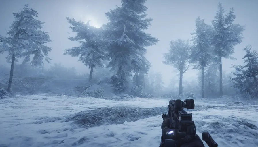 Image similar to Unreal Engine Survival Game in a blizzard, Heavy Thick snow, Fog and Mist, Beautiful dark Landscape, Distant Lights, Hyperrealistic, Hyperdetailed, Concept Art, High Snow