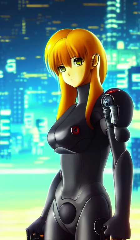 Image similar to anime fine details portrait of Samus in front of cyberpunk moder city landscape on the background deep bokeh, close-up view, anime masterpiece by Studio Ghibli. 8k, sharp high quality anime, artstation