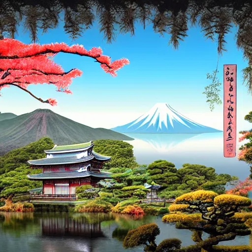 Prompt: japanese landscape, temple, mountains in distance, lake with japanese creatures in front, digital art, high quality