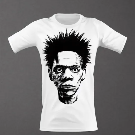 Image similar to t - shirt mockup, 3 d, hyper - realistic, basquiat style print, black boy white hair, rio de janeiro favela