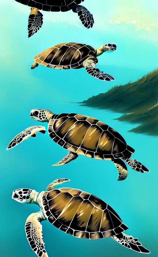 Image similar to sea turtles swimming in the ocean, by greg rutkowski