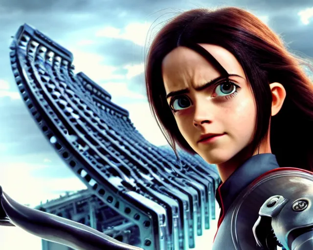 Prompt: a film still from battle angel alita played by actress emma watson, futuristic, cinematic lighting, photorealistic, lifelike, highly detailed, close - up, photorealistic, high resolution