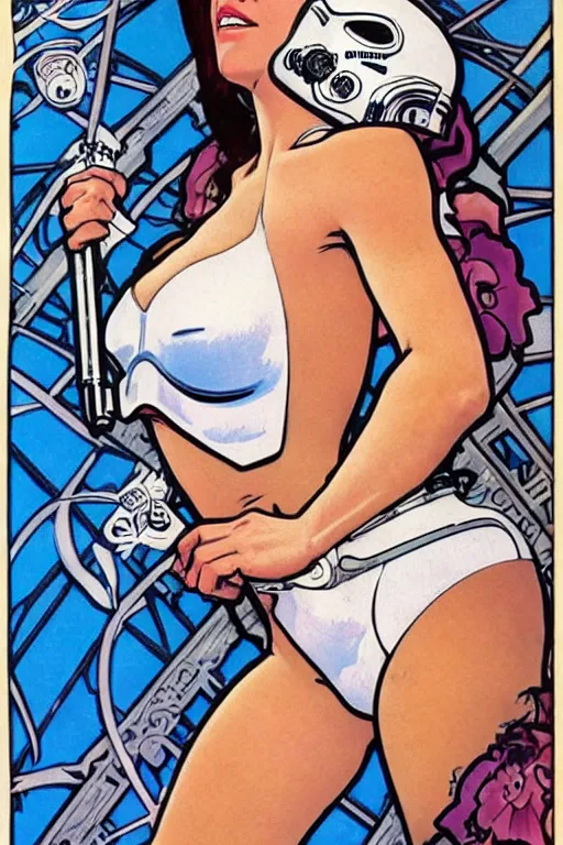 Image similar to female in white bikini with tattoos and stormtrooper helmet, well composed, clean elegant painting, beautiful detailed face. 6 0 s style advertising, comic book art by steve ditko and jack kirby and ( alphonse mucha )