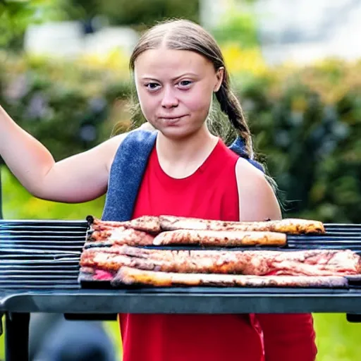 Prompt: photo of greta thunberg having a bbq