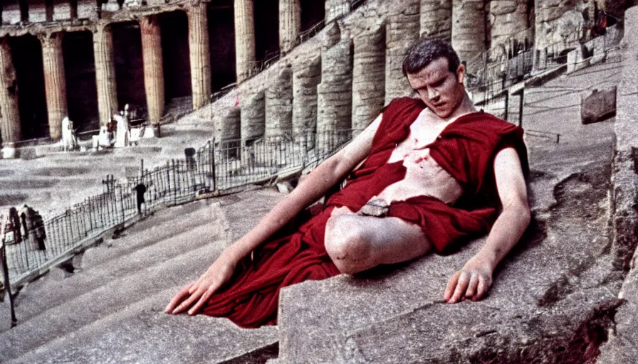 Image similar to 1 9 6 0 s movie still close - up of caligula lay dead on the ancient amphitheater's stairs on a blood flaque, cinestill 8 0 0 t 3 5 mm, high quality, heavy grain, high detail, dramatic light, anamorphic, blood