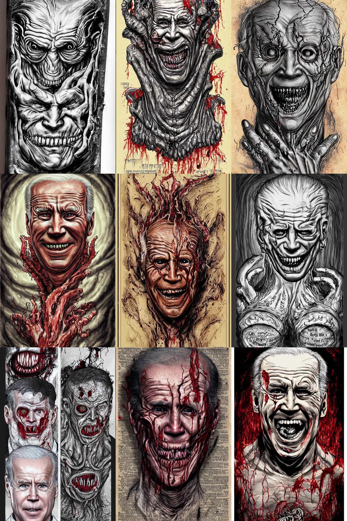 Prompt: grotesque photorealistic horror lovecraftian bound human skin necronimicon with demonic president joe biden's ripped face sewed onto the cover, ancient, tome, bloody + concept art, intricate writing, artstation, junji ito