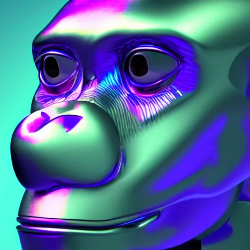 Image similar to 3d render of holographic chimpanzee robotic head made of glossy iridescent, surrealistic 3d illustration of a chimpanzee face non-binary, non binary model, 3d model ape, cryengine, made of holographic texture, holographic material, holographic rainbow, concept of cyborg and artificial intelligence