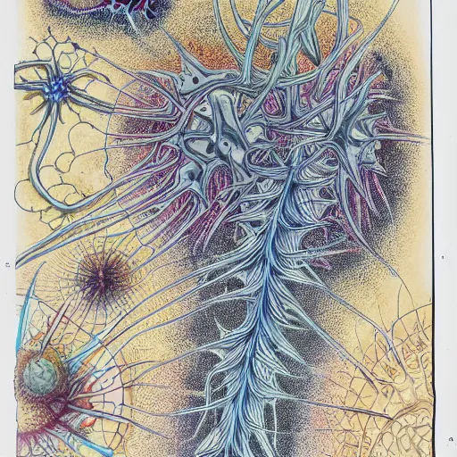 Image similar to diagram of interdimensional dendrite in non - eucledian space by ernst haeckel and geoff darrow, ink and watercolor