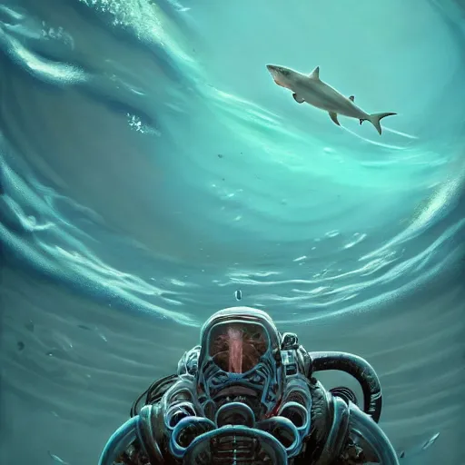 Prompt: beautiful painting of a white armored sharkman exploring the bottom of the ocean in the style of Simon Stålenhag and H. R. Giger, detailed, trending on Artstation