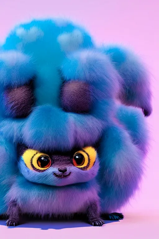 Image similar to high quality 3 d render hyperrealist very cute multicolor dotted fluffy! tarantula cat hybrid highly detailed, vray smooth, in the style of detective pikachu, hannah yata charlie immer, dramatic blue light, low angle, uhd 8 k, sharp focus