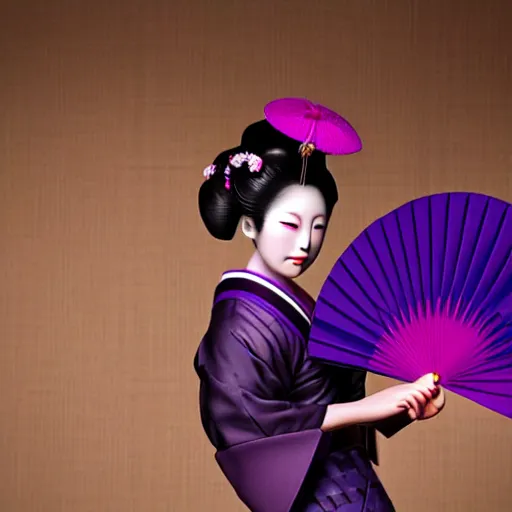 Image similar to Japanese geisha with beautiful violet paper fan, 4k photography, 30 mm lens, cinematic light, warm atmosphere, in style of Kar Wai Wong, fine dust