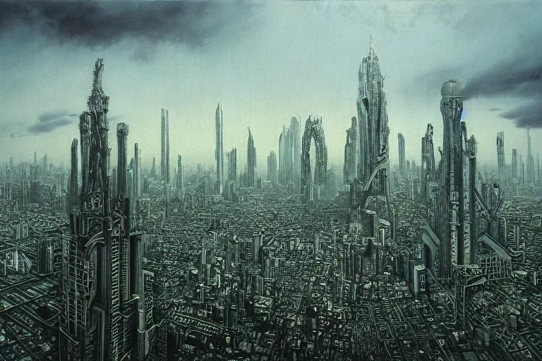 Image similar to Bangkok cityscape by HR Giger and Zdzislaw Beksinski, gothic, galactic, oil on canvas, artstation, dramatic scenery, masterpiece, aesthetic