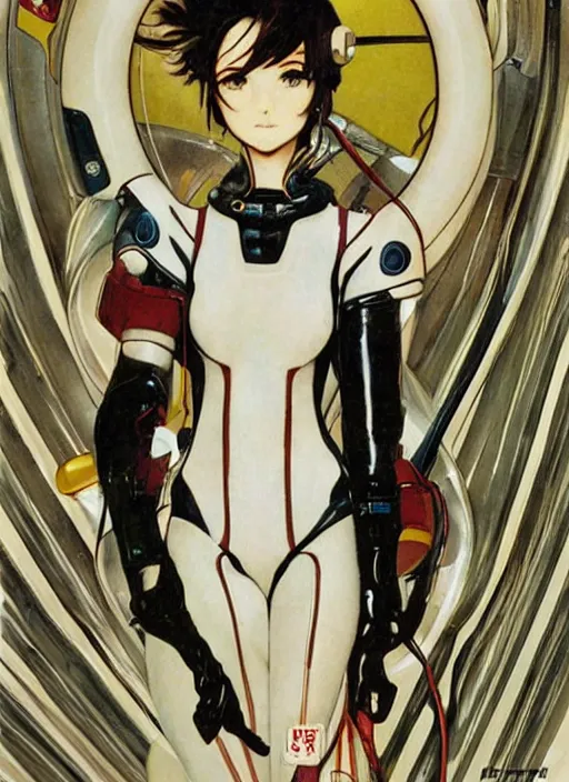 Image similar to a copic maker art nouveau manga cover portrait of an anime pale edgy girl on a futuristic latex pilot suit by john berkey norman rockwell