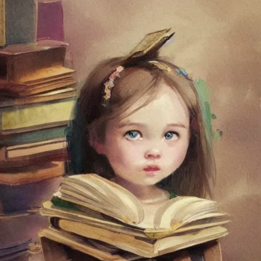 Image similar to a cute little girl with a round cherubic face, blue eyes, and short wavy light brown hair sitting on top of a stack of books. beautiful cartoon painting with highly detailed face by quentin blake and greg rutkowski