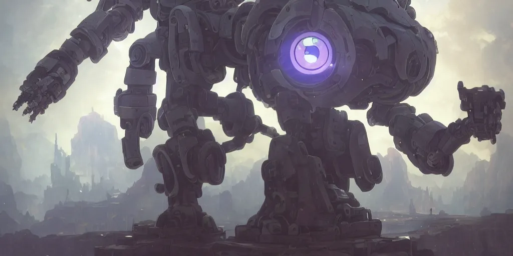 Prompt: robot mech by fred augis from made in abyss by akihito tsukushi, backlight, centered rim lighting, deep focus, d & d, fantasy, intricate, elegant, highly detailed, digital painting, artstation, concept art, matte, sharp focus, illustration, hearthstone, art by artgerm and greg rutkowski and alphonse mucha