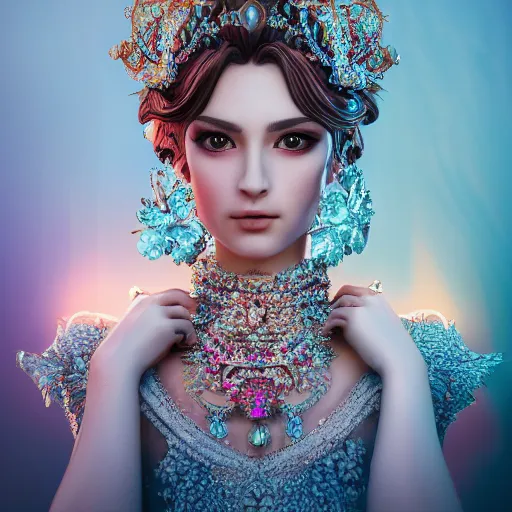 Image similar to portrait of pretty princess with perfect skin, glowing, ornate and intricate diamond jewelry, jaw dropping beauty, ornate and intricate backdrop, white accent lighting, hyper detailed, 4 k octane render