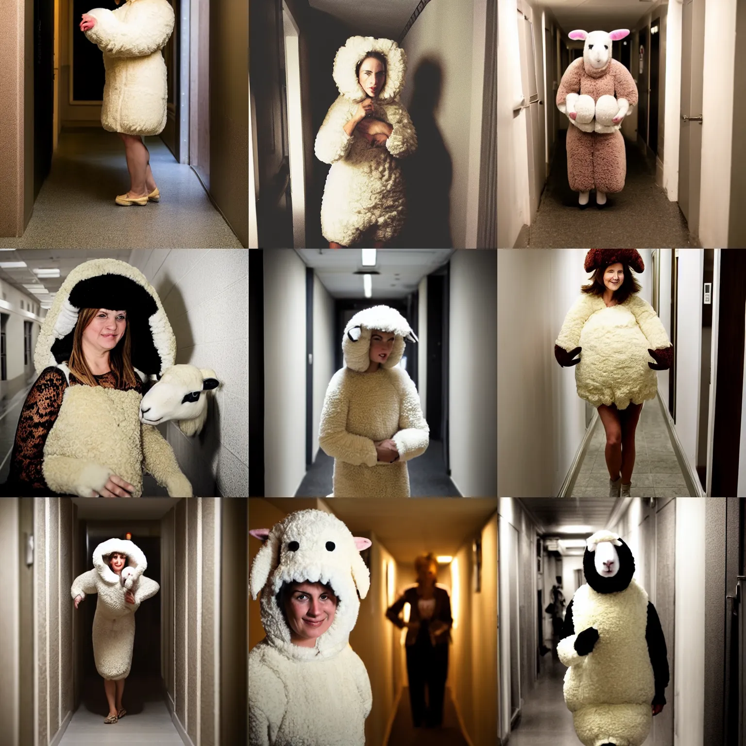 Prompt: woman in a sheep costume, in a hallway, flash photography