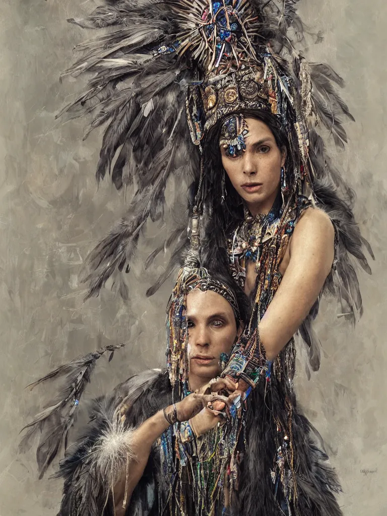 Prompt: A realistic photo centered portrait of a wise and mystical shaman with a head dress made of feathers and beads with dark robes and trinkets of silver casting a magical spell , by Greg Rutkowski, HD , trending on artstation