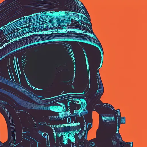 Prompt: in the style of deathburger and laurie greasley a close up of a young explorer wearing a cyberpunk headpiece with an orange visor, highly detailed, 8k wallpaper