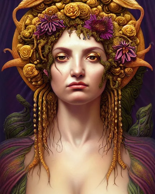 Prompt: portrait of the goddess of flourish and decay, unusual beauty, flowers and plants, emotionally evoking symbolic metaphors, head in focus, fantasy, ornamental, intricate, elegant, sensual, highly detailed digital painting, artstation, concept art, painterly, golden ratio, sharp focus, illustration, art by John William Godward and Boris Vallejo and Zdzisław Beksiński,