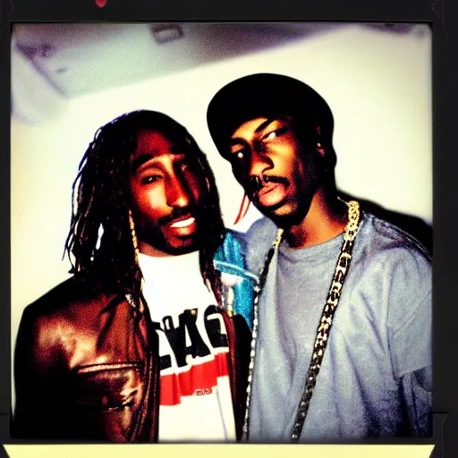 Image similar to Polaroid photograph of Kurt Cobain and Tupac Shakur in a club, blurry, XF IQ4, 150MP, 50mm, F1.4, ISO 200, 1/160s, natural light, Adobe Lightroom, photolab, Affinity Photo, PhotoDirector 365,