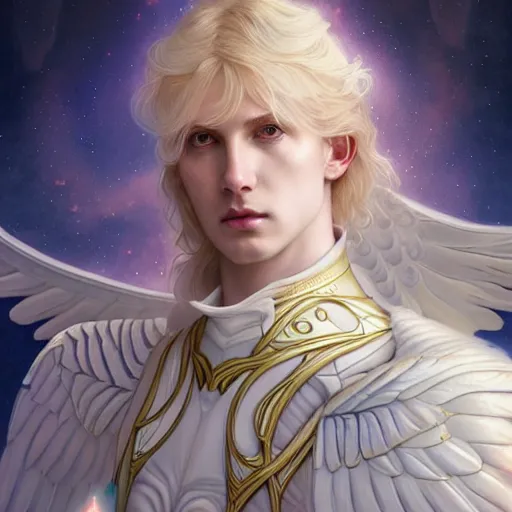 Image similar to the pale blond male angel of battle lucius wearing a white periwinkle, sci fi, glowing eyes, volumetric lights, gold theme, art nouveau botanicals, intricate, highly detailed, digital painting, artstation, concept art, smooth, sharp focus, cinematic, illustration, beautiful face, art by artgerm and greg rutkowski and alphonse mucha