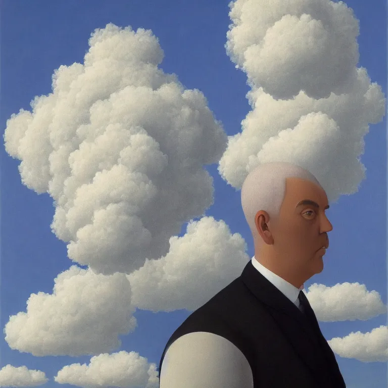 Image similar to portrait of a cloud faced man, by rene magritte, centered, detailed painting, hd, hq, high resolution, high detail, 4 k, 8 k