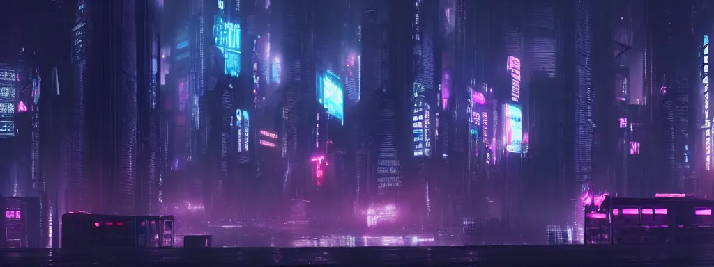 Image similar to matte painting of a dark neon cyberpunk city in the film ghost in the shell, trending on artstation, 8k, ultra hd