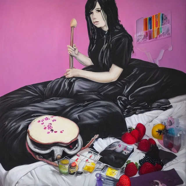 Image similar to a portrait in a female artist's bedroom, black walls, emo girl riding an inflatable pig, sheet music, berries, surgical supplies, pancakes, black flowers, sensual, octopus, neo - expressionism, surrealism, acrylic and spray paint and oilstick on canvas